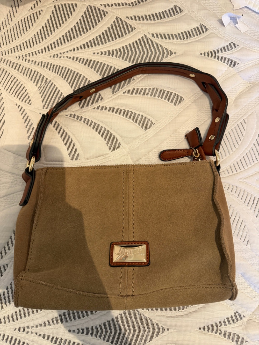 Simply Noelle Suede Shoulder Bag in Olive with Brown Trim